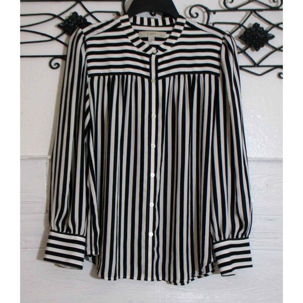 LOFT Button Up Top Women's Size PM Black Striped Long Sleeve